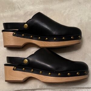 J. Crew Black Leather Clogs with Gold Accents